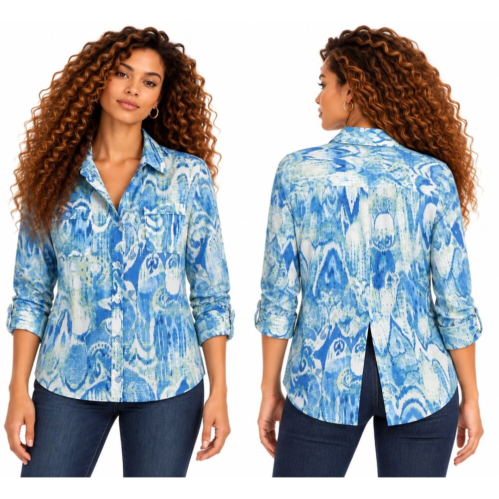 Chicos Shirt Button Up Blouse Size Medium Blue Green Abstract Ikat Split Hem